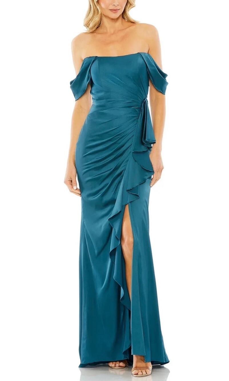 Mac Duggal 20678 Blue Evening Gown Satin Off the Shoulder Ruffled Dress Size 6